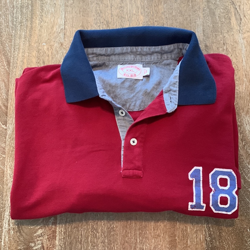 Brooks Brothers XXL Long Sleeve Polo in Red with Navy Collar and “18” on Chest